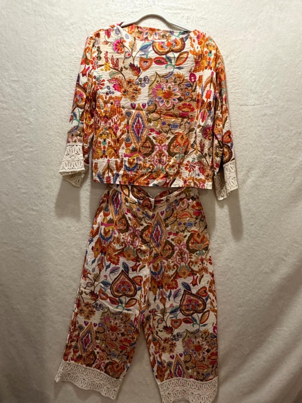 Zara boho resort casual matching set printed crop top wide leg pants small - Picture 5 of 13